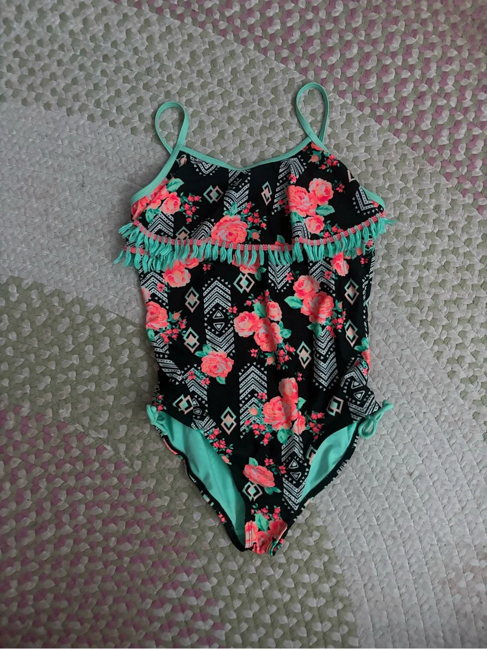 Kids Floral Fringe One-Piece Swimsuit - Black & Mint